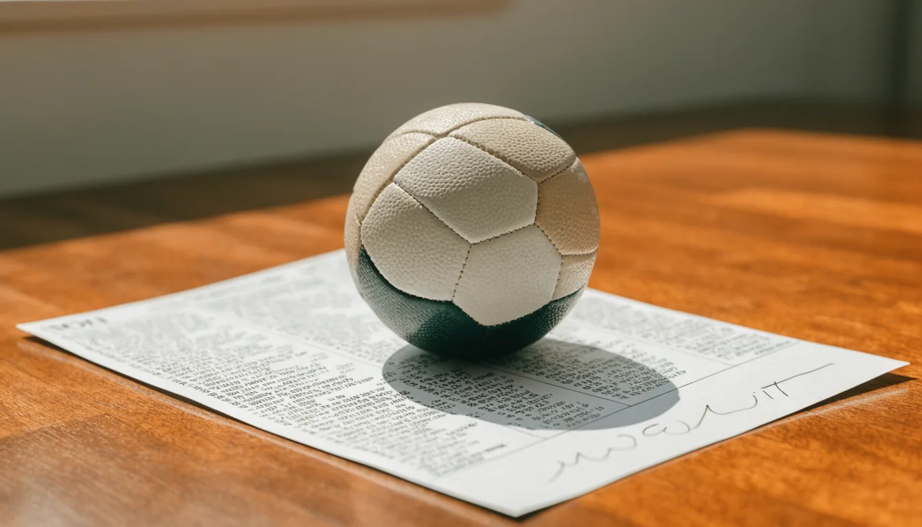 Un pallone da calcio appoggiato su una schedina bianca su un tavolo di legno, alla luce del giorno
