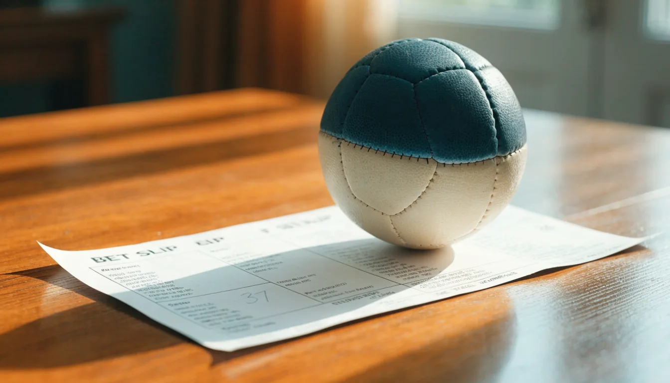 Un pallone da calcio appoggiato su una schedina bianca su un tavolo di legno, alla luce del giorno