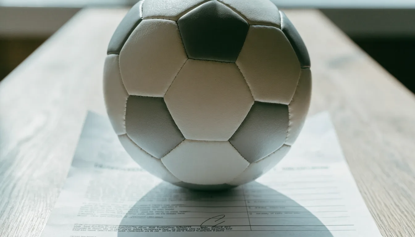 Un pallone da calcio appoggiato su una schedina bianca su un tavolo di legno, alla luce del giorno