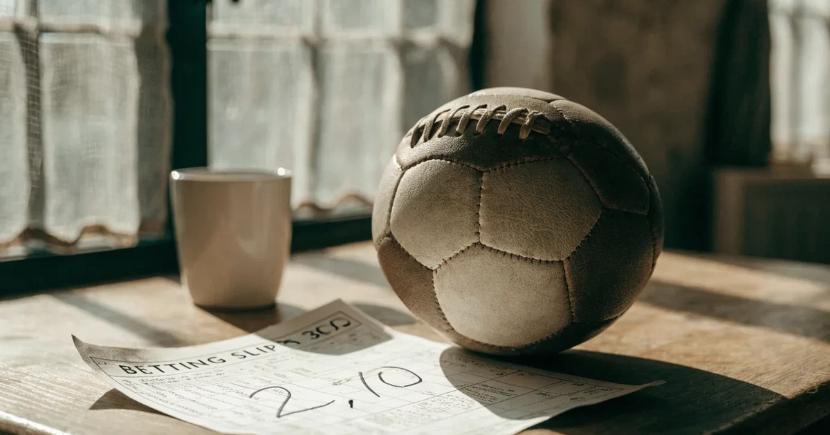 Un pallone da calcio appoggiato su una schedina bianca su un tavolo di legno, alla luce del giorno