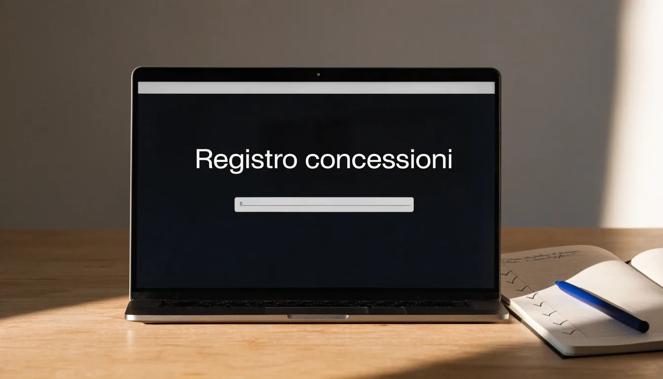 Un foglio di concessione in carta con un timbro rosso, appoggiato su una scrivania di legno accanto a una penna