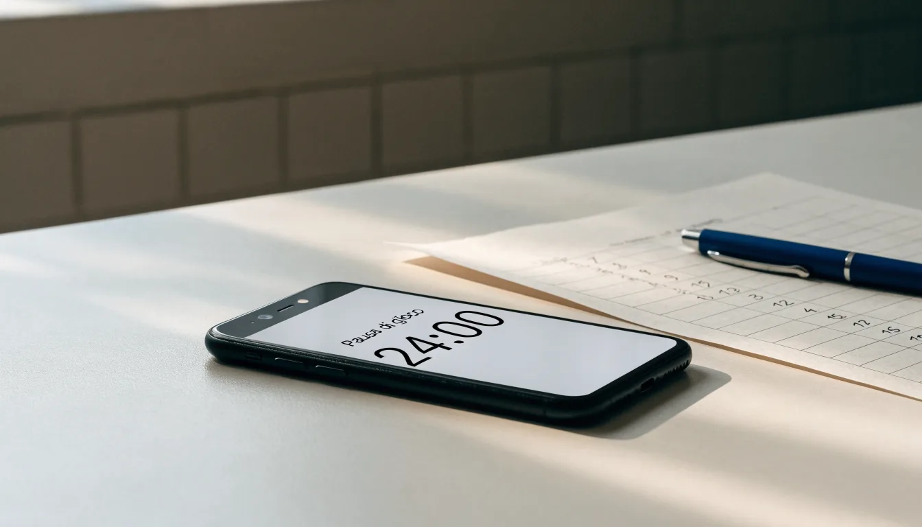 Un documento di identità appoggiato accanto a uno smartphone con un timer sullo schermo, su un tavolo da cucina