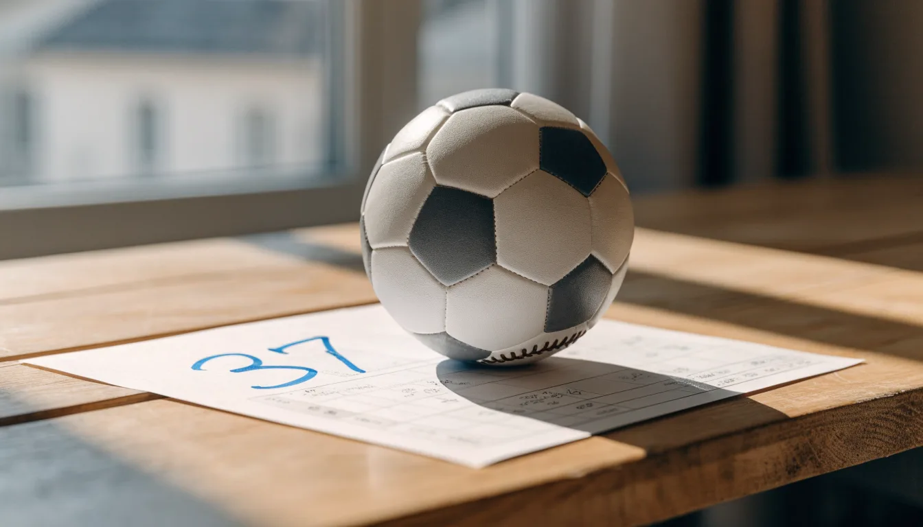 Un pallone da calcio appoggiato su una schedina bianca su un tavolo di legno, alla luce del giorno