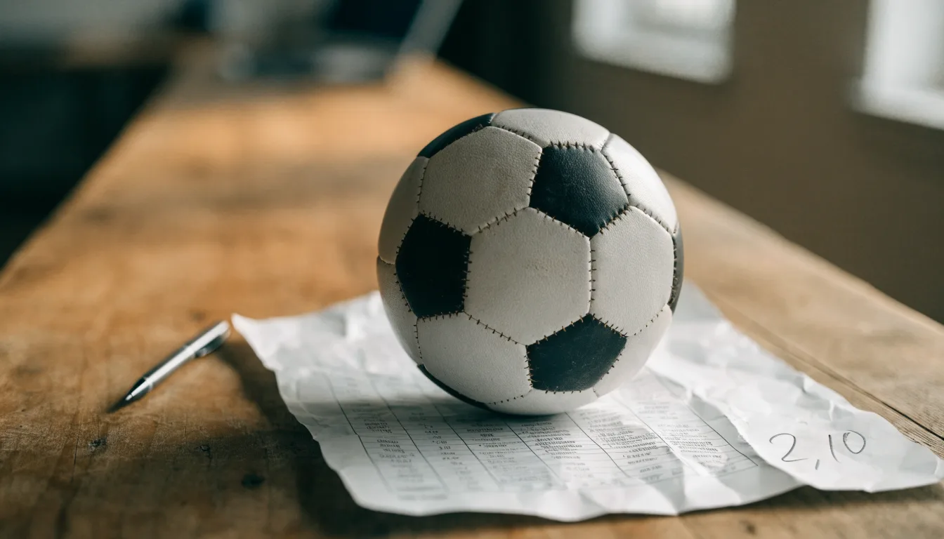 Un pallone da calcio appoggiato su una schedina bianca su un tavolo di legno, alla luce del giorno