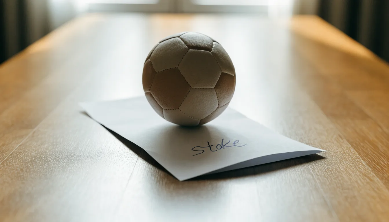 Un pallone da calcio appoggiato su una schedina bianca su un tavolo di legno, alla luce del giorno