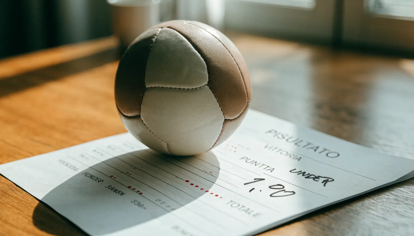 Un pallone da calcio appoggiato su una schedina bianca su un tavolo di legno, alla luce del giorno