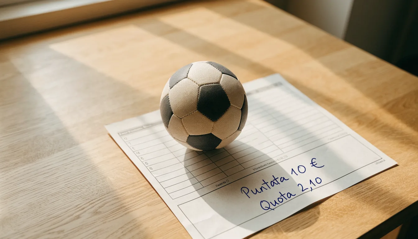 Un pallone da calcio appoggiato su una schedina bianca su un tavolo di legno, alla luce del giorno