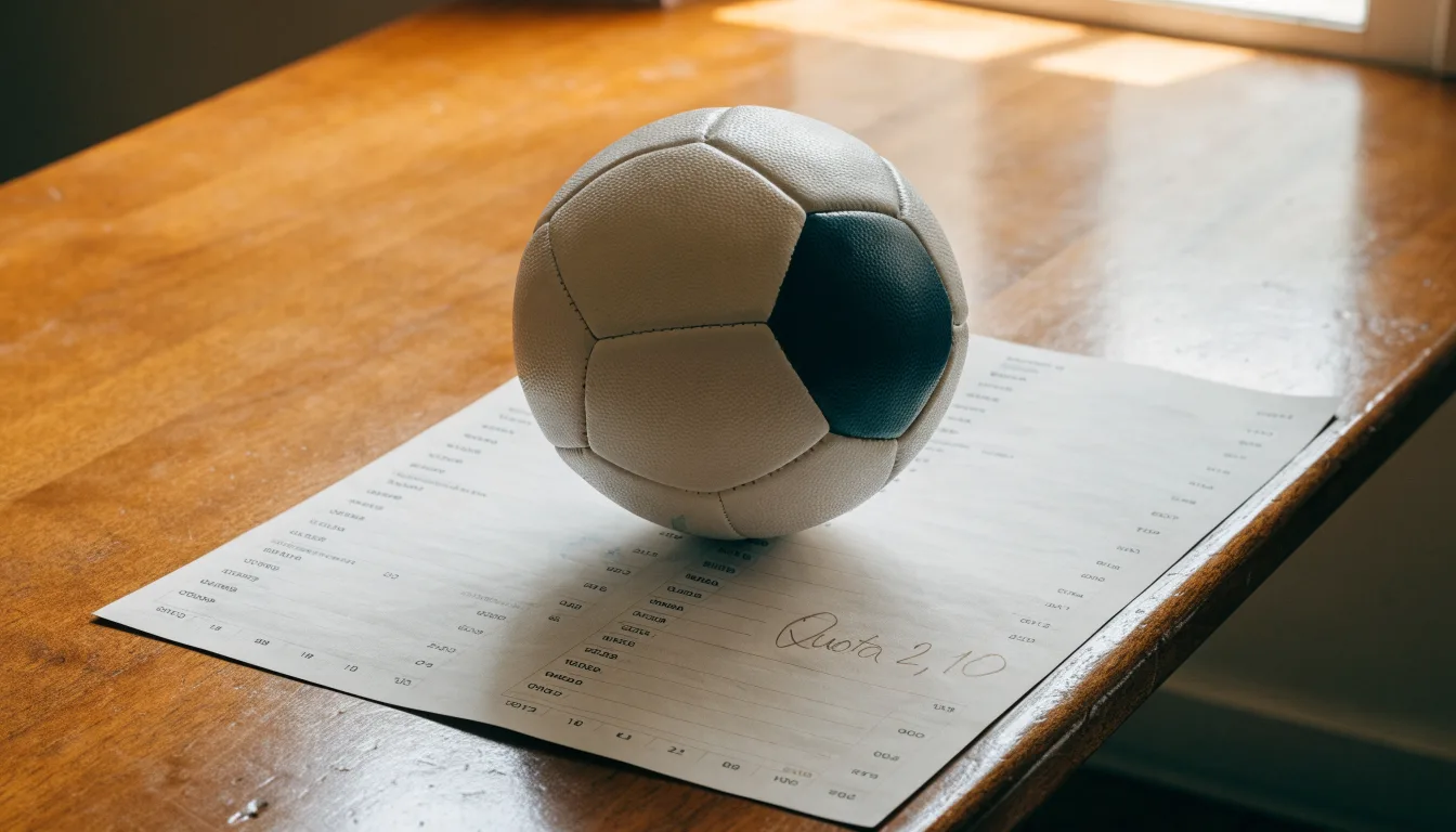 Un pallone da calcio appoggiato su una schedina bianca su un tavolo di legno, alla luce del giorno