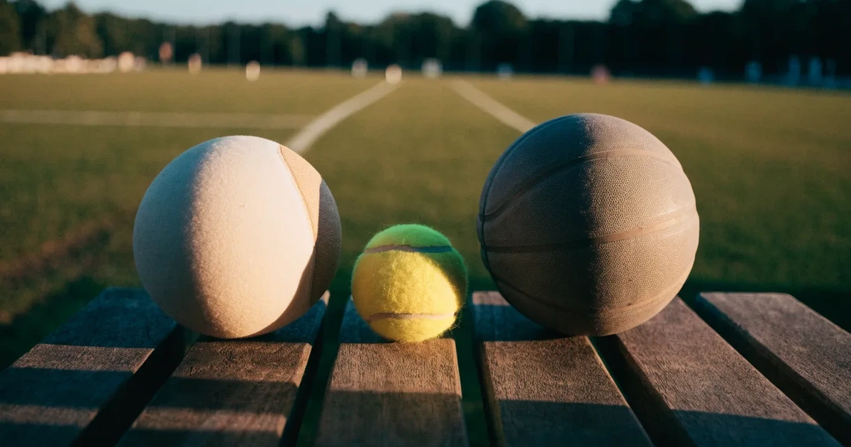 Tre palloni di sport diversi allineati uno accanto all'altro su una panca di legno