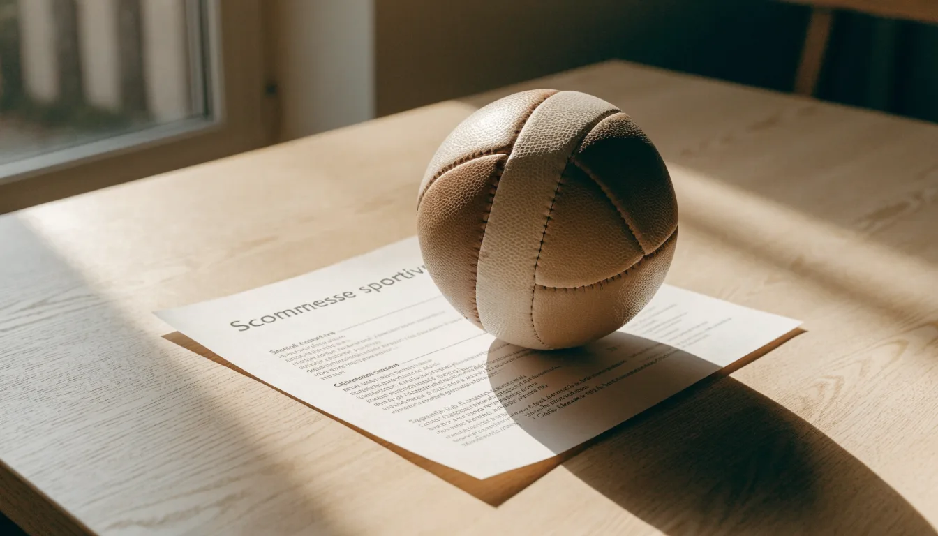 Un pallone da calcio appoggiato su una schedina bianca su un tavolo di legno, alla luce del giorno