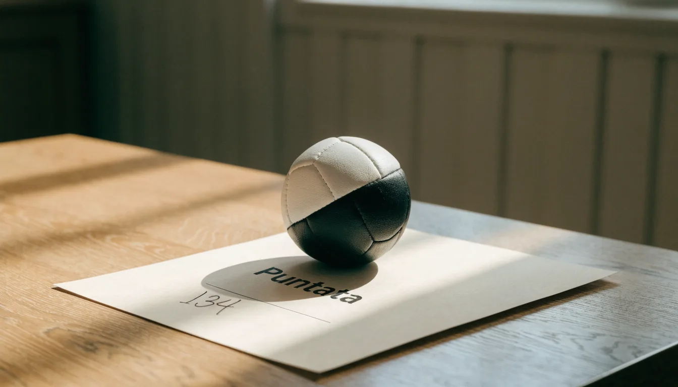 Un pallone da calcio appoggiato su una schedina bianca su un tavolo di legno, alla luce del giorno