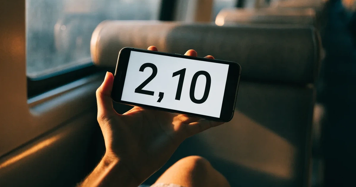 Una mano che tiene uno smartphone con una scommessa sullo schermo, su un treno nel tardo pomeriggio