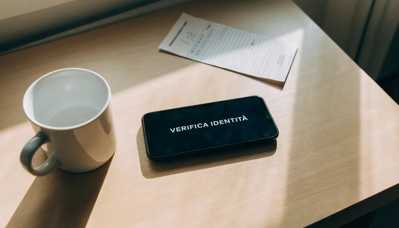 Un documento di identità appoggiato accanto a uno smartphone con un timer sullo schermo, su un tavolo da cucina