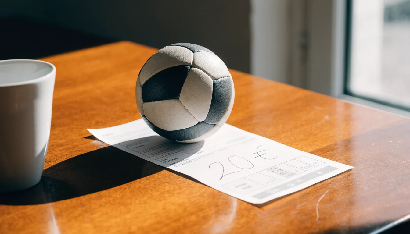 Un pallone da calcio appoggiato su una schedina bianca su un tavolo di legno, alla luce del giorno