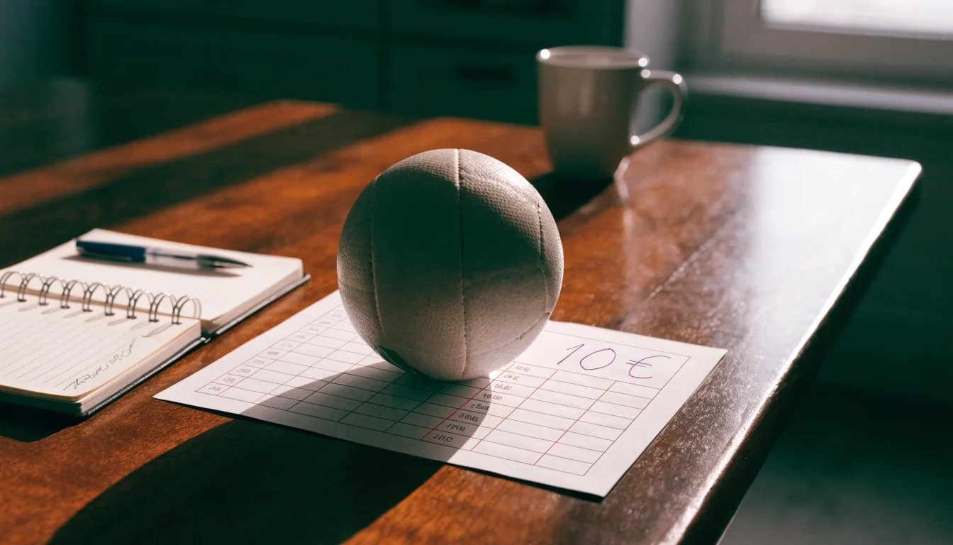 Un pallone da calcio appoggiato su una schedina bianca su un tavolo di legno, alla luce del giorno