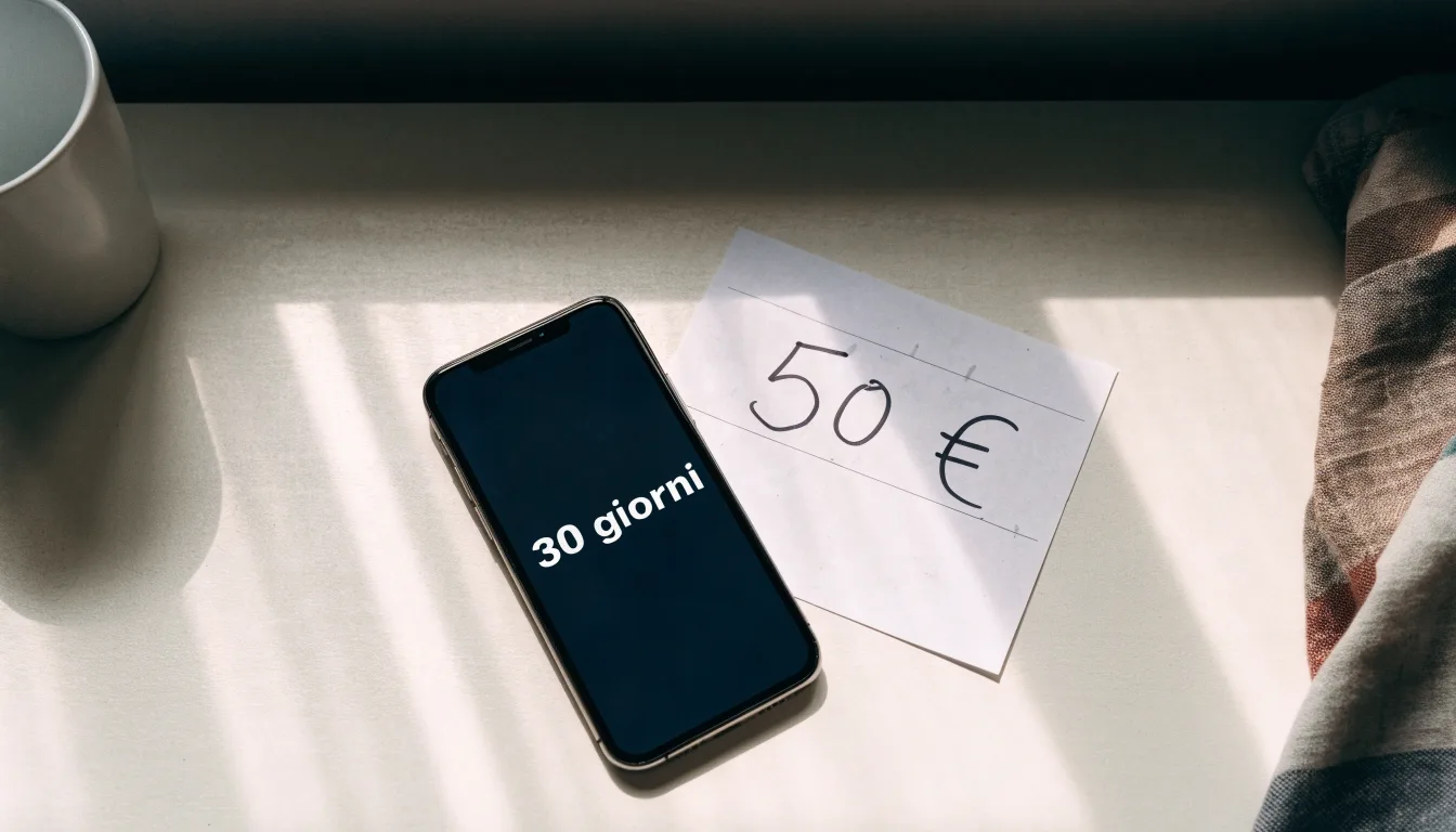 Un documento di identità appoggiato accanto a uno smartphone con un timer sullo schermo, su un tavolo da cucina