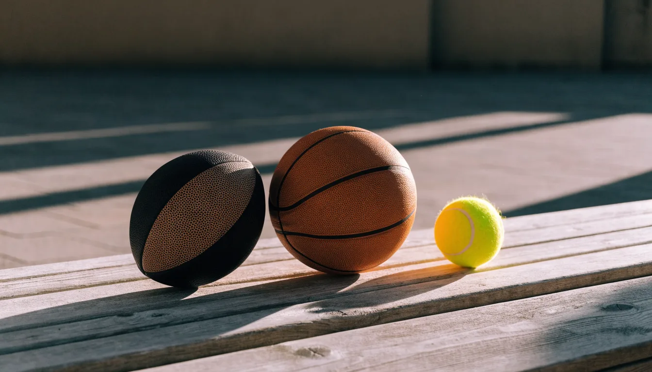 Tre palloni di sport diversi allineati uno accanto all'altro su una panca di legno