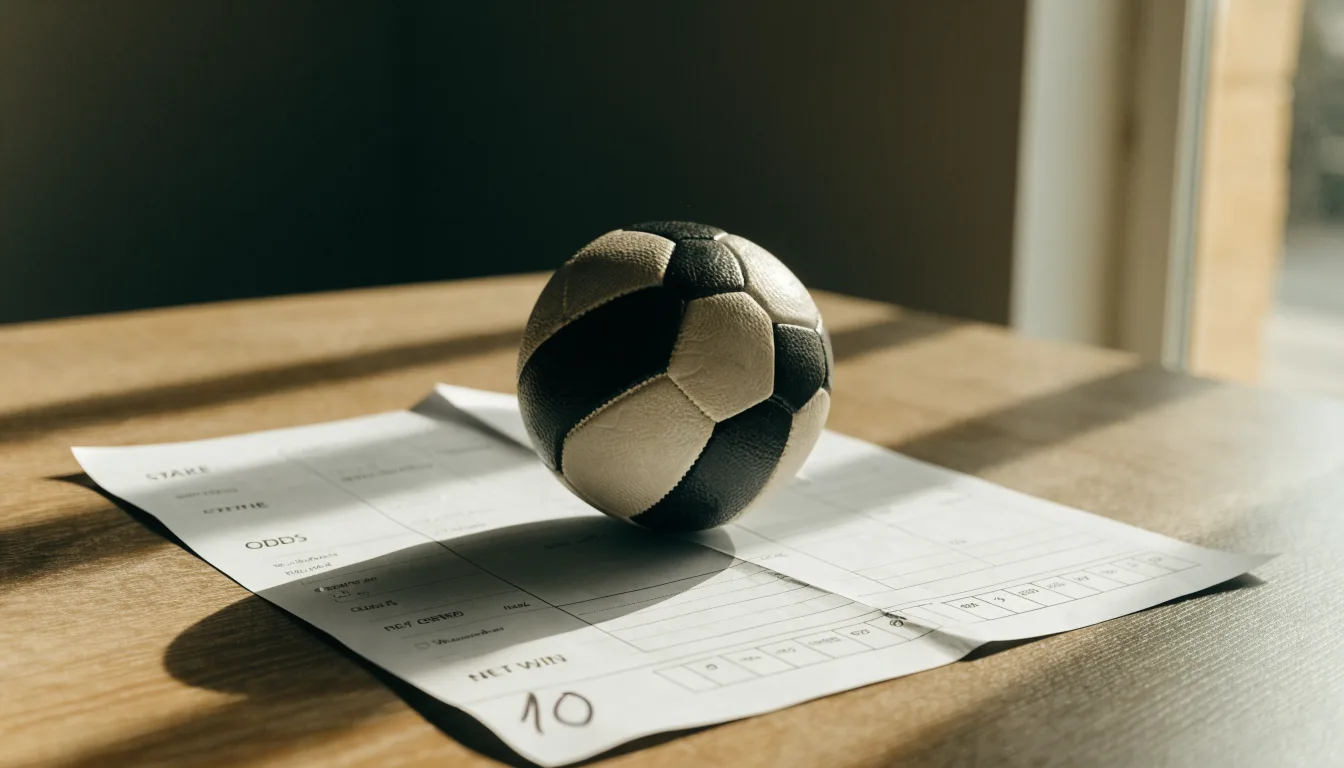 Un pallone da calcio appoggiato su una schedina bianca su un tavolo di legno, alla luce del giorno
