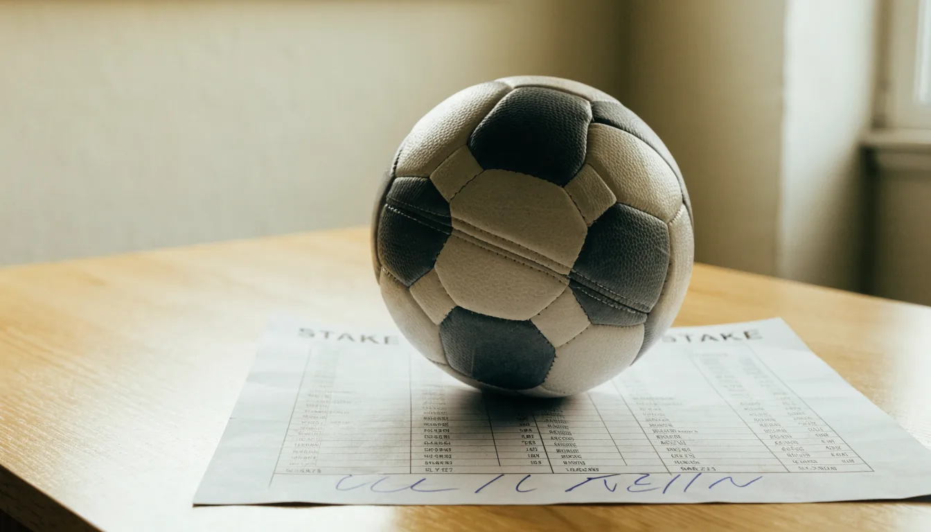 Un pallone da calcio appoggiato su una schedina bianca su un tavolo di legno, alla luce del giorno