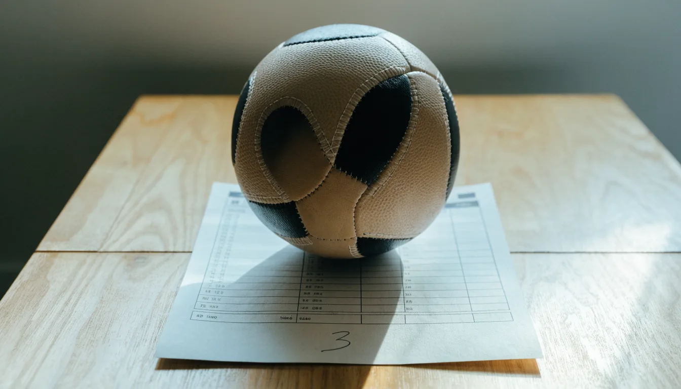 Un pallone da calcio appoggiato su una schedina bianca su un tavolo di legno, alla luce del giorno