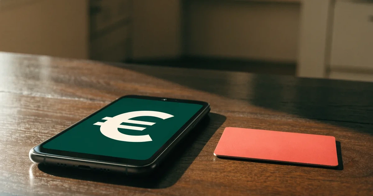 Uno smartphone e una carta di pagamento affiancati su un tavolo di legno, con alcune banconote da euro accanto
