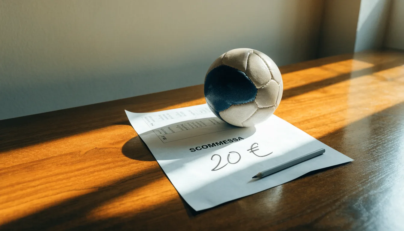 Un pallone da calcio appoggiato su una schedina bianca su un tavolo di legno, alla luce del giorno