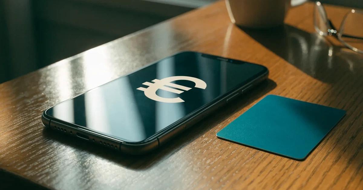 Uno smartphone e una carta di pagamento affiancati su un tavolo di legno, con alcune banconote da euro accanto