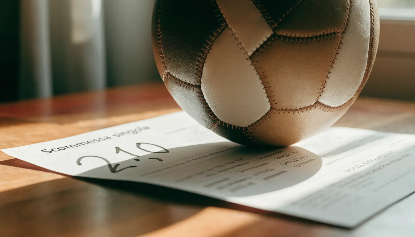 Un pallone da calcio appoggiato su una schedina bianca su un tavolo di legno, alla luce del giorno