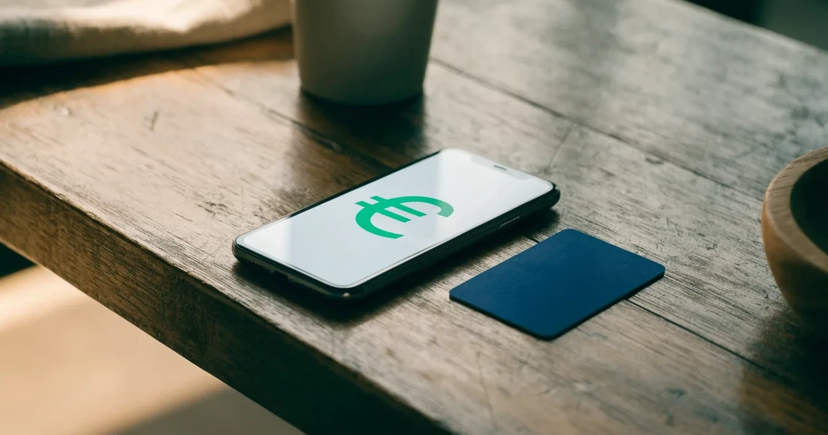 Uno smartphone e una carta di pagamento affiancati su un tavolo di legno, con alcune banconote da euro accanto