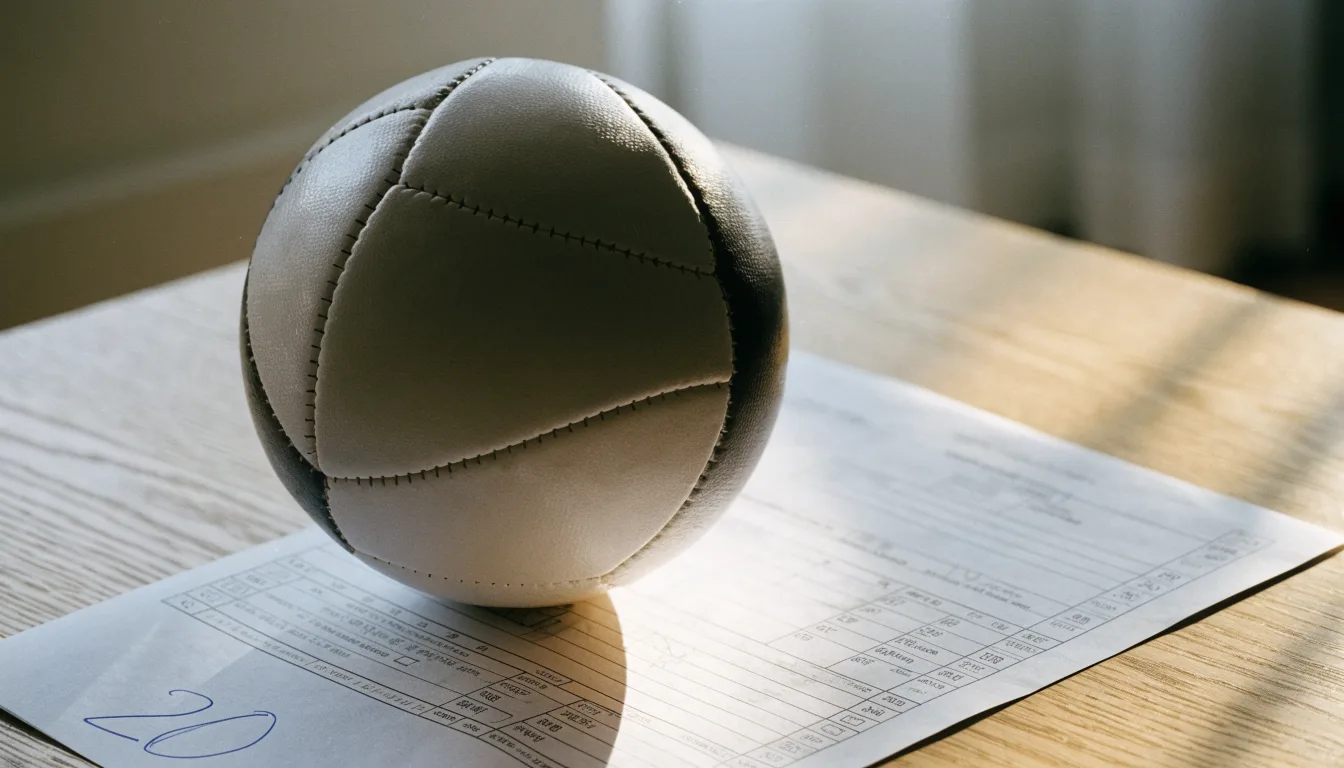 Un pallone da calcio appoggiato su una schedina bianca su un tavolo di legno, alla luce del giorno