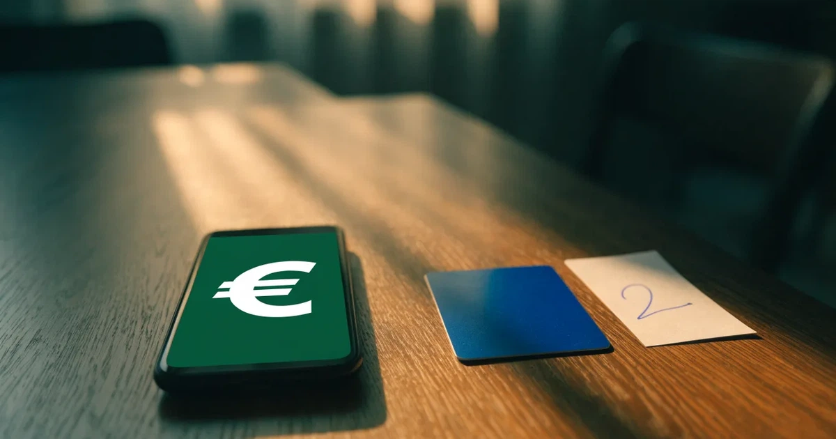 Uno smartphone e una carta di pagamento affiancati su un tavolo di legno, con alcune banconote da euro accanto