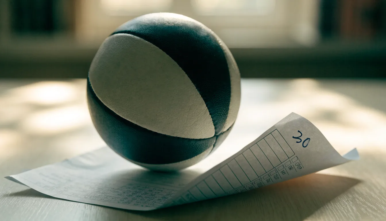 Un pallone da calcio appoggiato su una schedina bianca su un tavolo di legno, alla luce del giorno