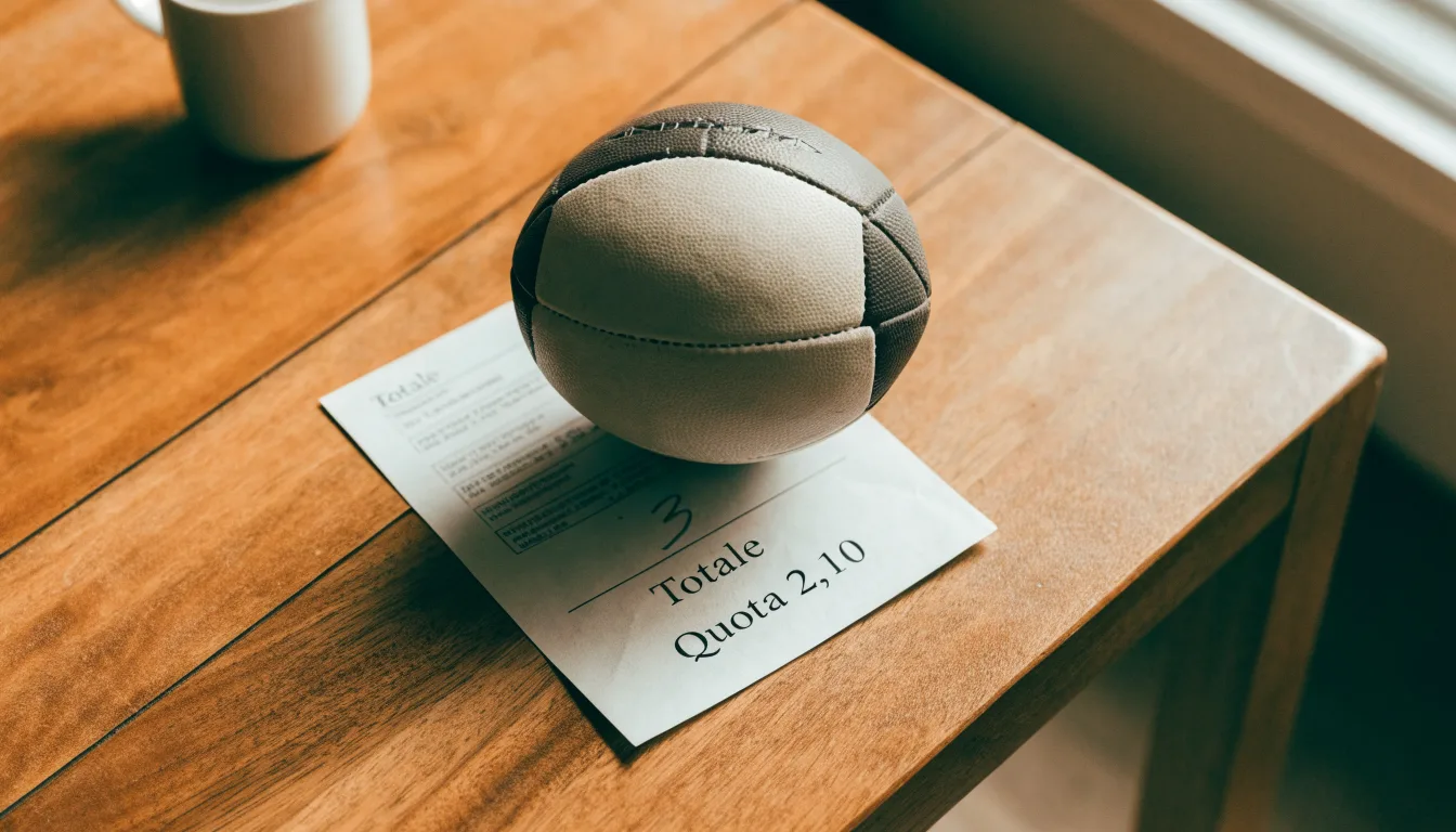 Un pallone da calcio appoggiato su una schedina bianca su un tavolo di legno, alla luce del giorno