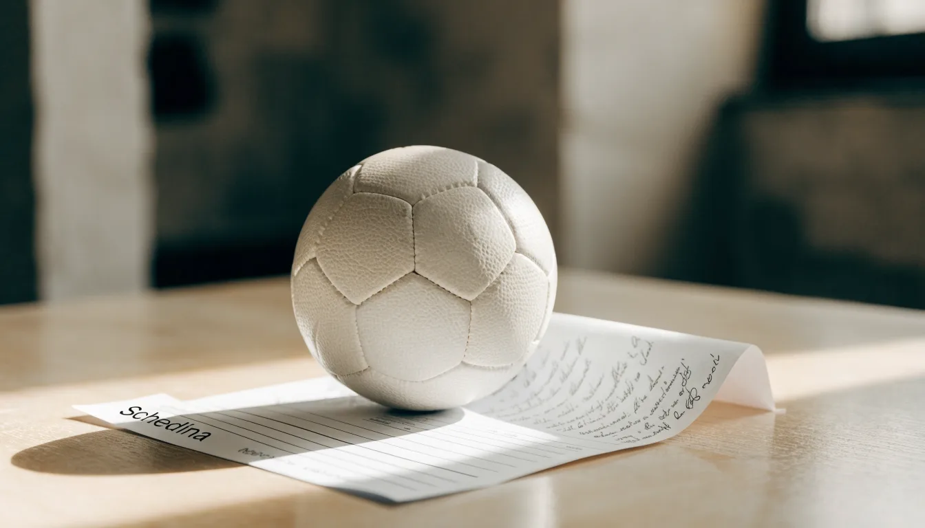 Un pallone da calcio appoggiato su una schedina bianca su un tavolo di legno, alla luce del giorno