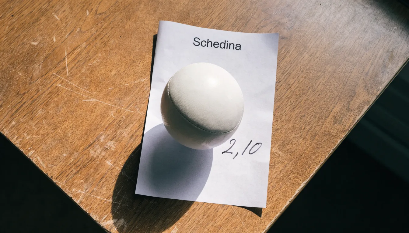 Un pallone da calcio appoggiato su una schedina bianca su un tavolo di legno, alla luce del giorno