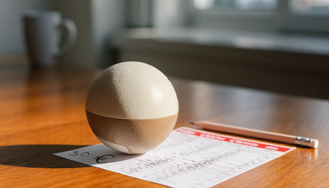 Un pallone da calcio appoggiato su una schedina bianca su un tavolo di legno, alla luce del giorno