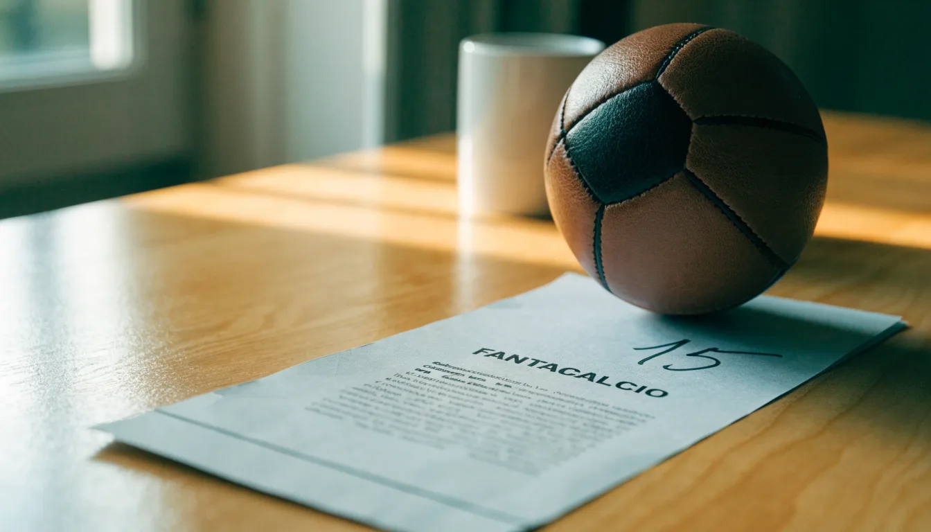 Un pallone da calcio appoggiato su una schedina bianca su un tavolo di legno, alla luce del giorno
