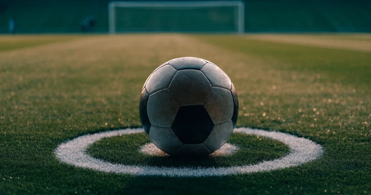 Un pallone da calcio sul dischetto del centrocampo di un prato, alla luce del mattino
