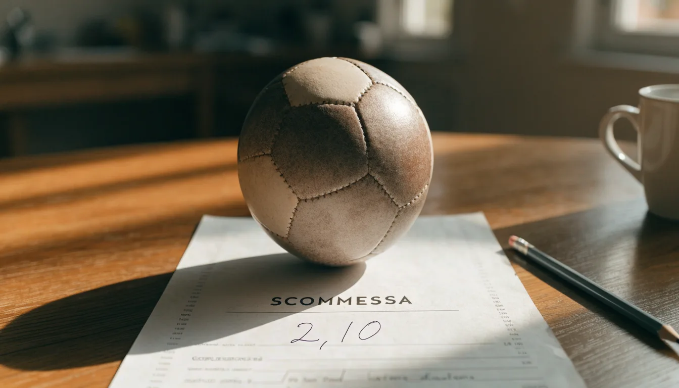 Un pallone da calcio appoggiato su una schedina bianca su un tavolo di legno, alla luce del giorno
