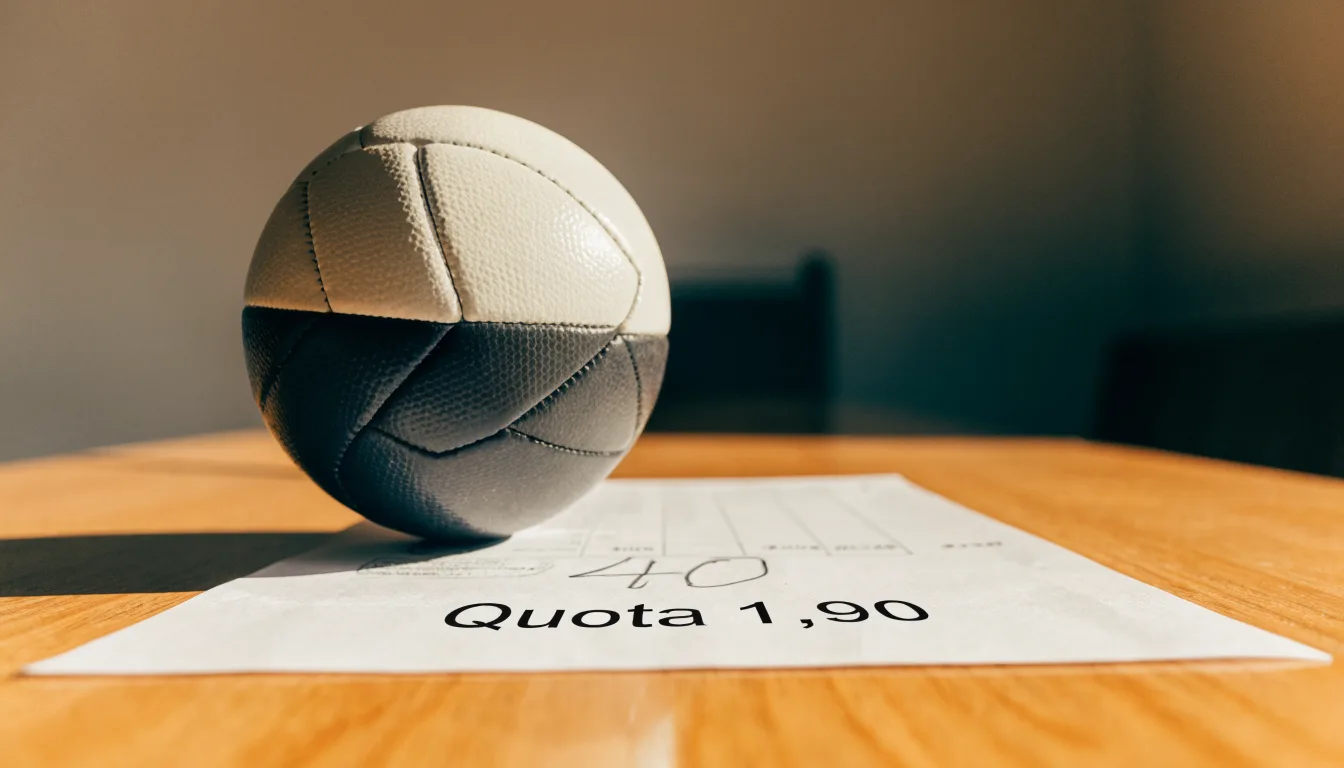 Un pallone da calcio appoggiato su una schedina bianca su un tavolo di legno, alla luce del giorno