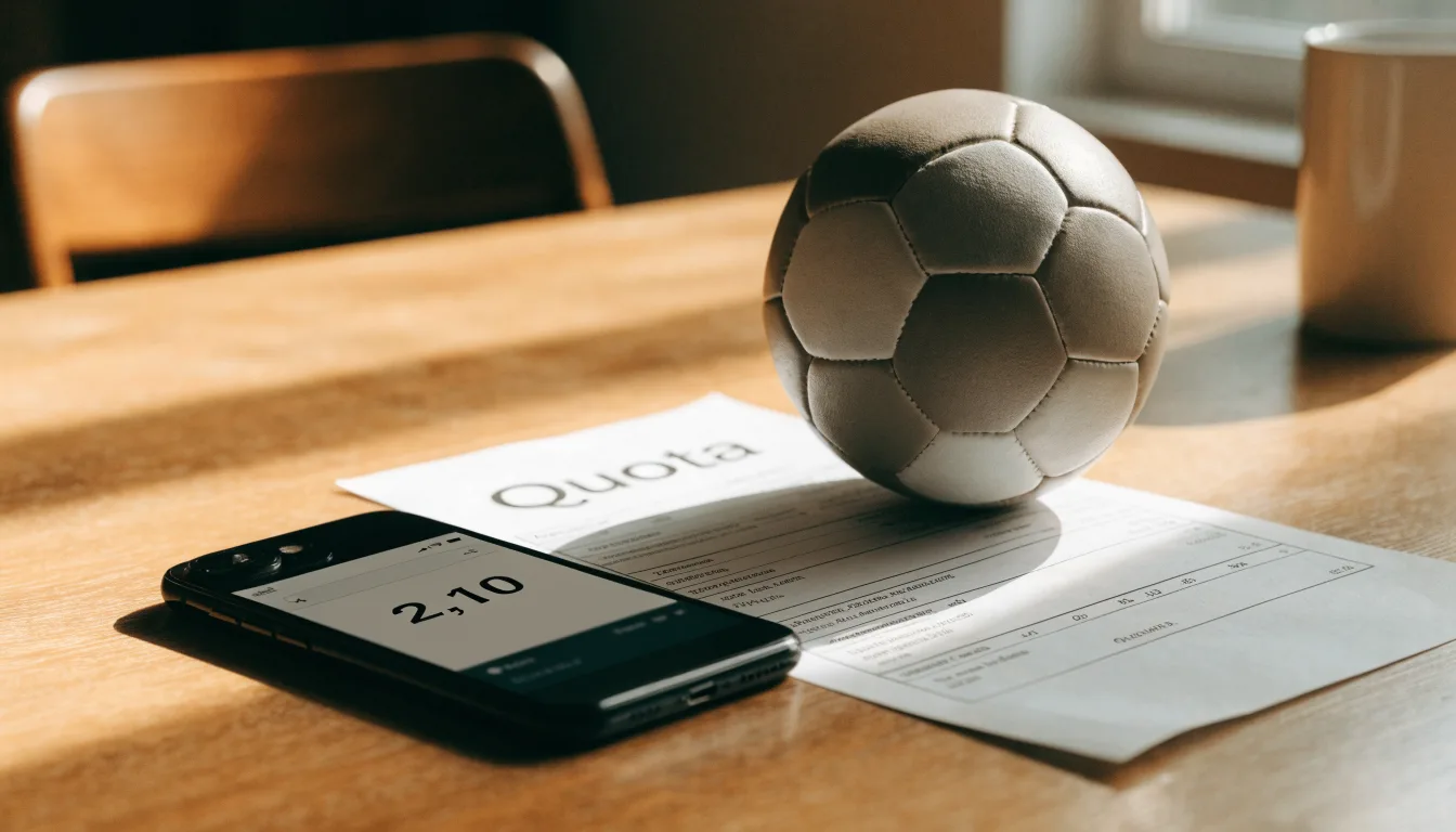 Un pallone da calcio appoggiato su una schedina bianca su un tavolo di legno, alla luce del giorno