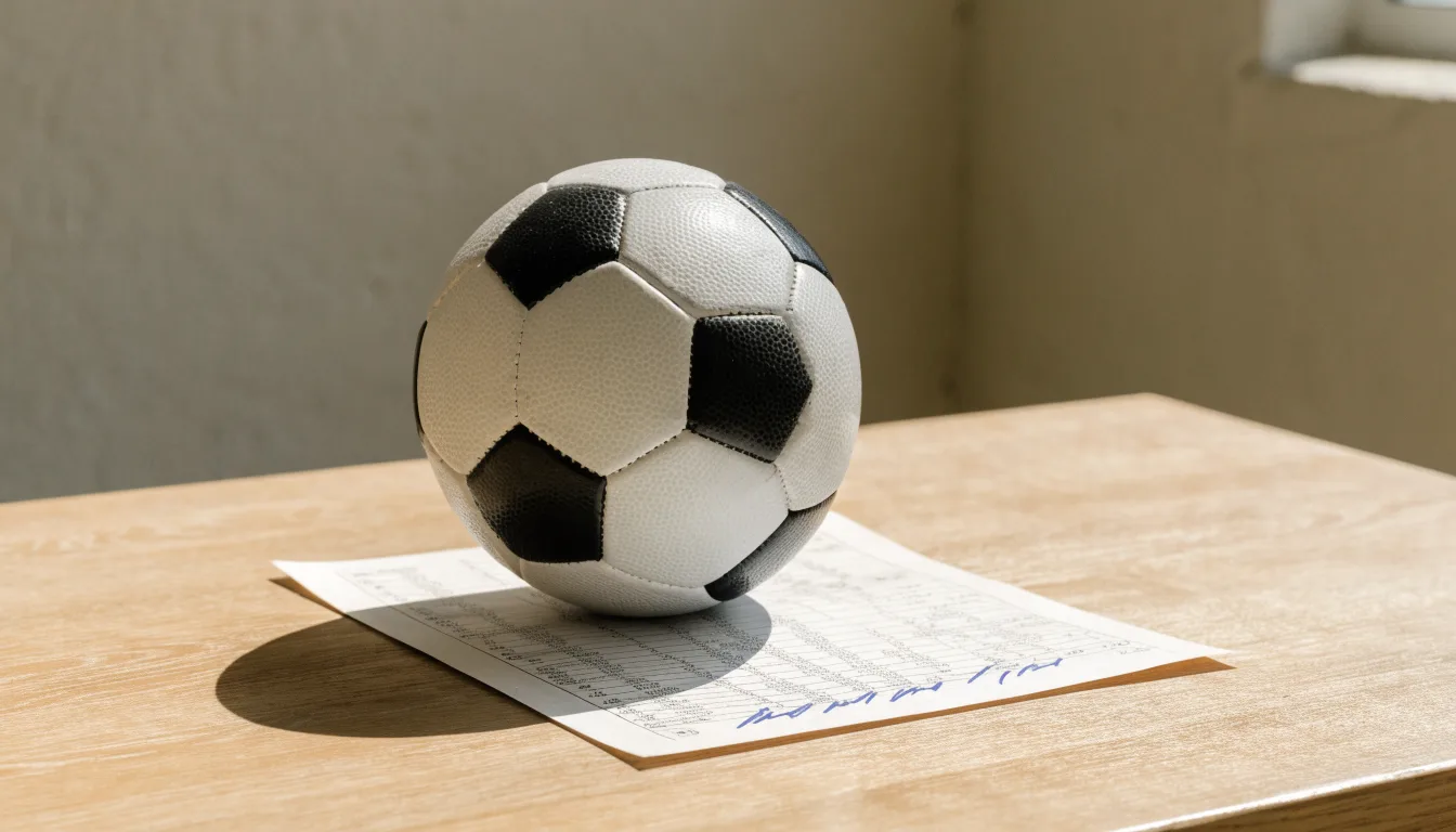 Un pallone da calcio appoggiato su una schedina bianca su un tavolo di legno, alla luce del giorno
